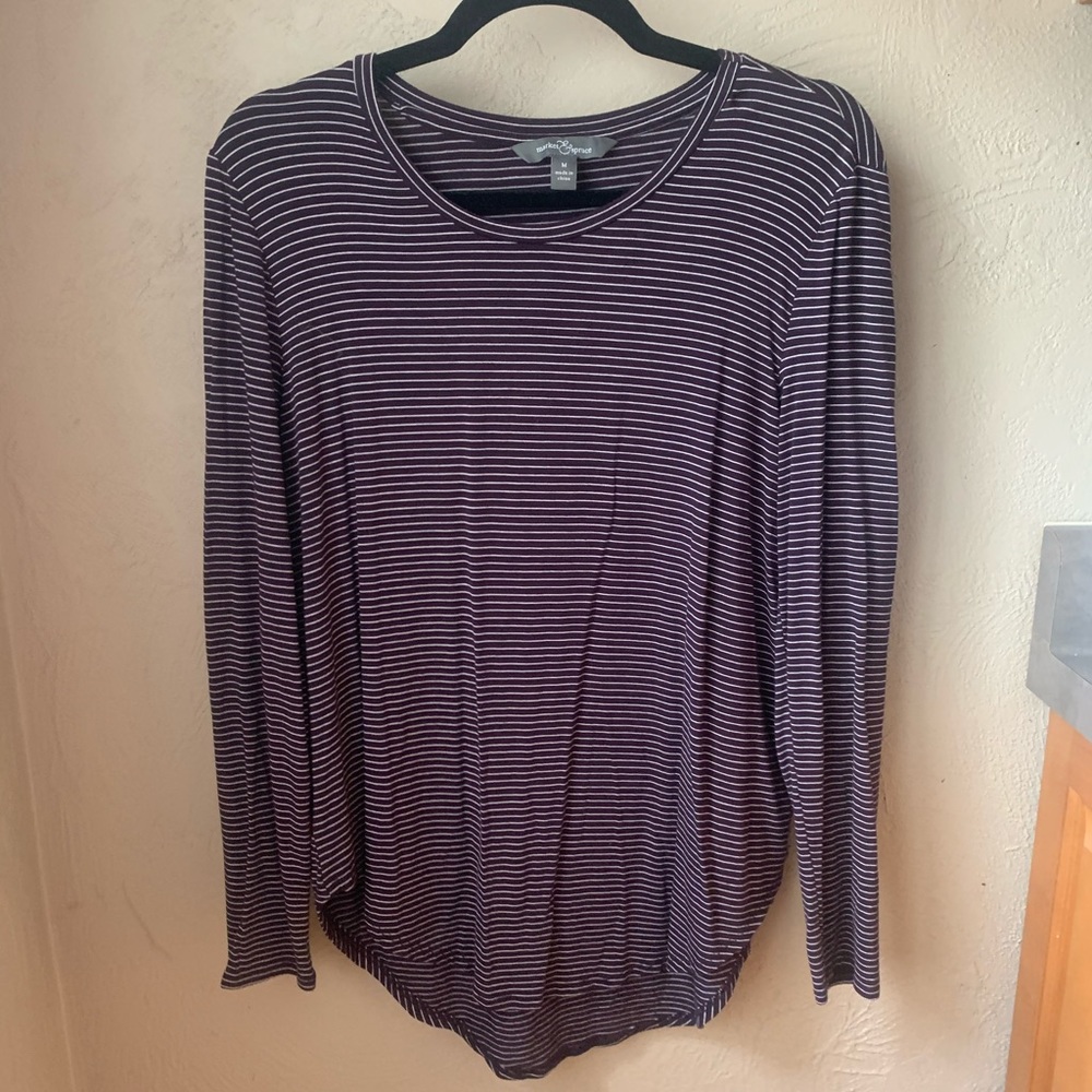 Purple and white striped long sleeved shirt
